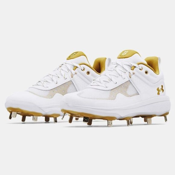 New Under Armour Women's Glyde Metal Fastpitch Softball Cleats gold white ball - Picture 1 of 7